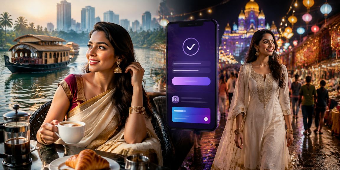 Kerala backwaters night market with mobile payment scene