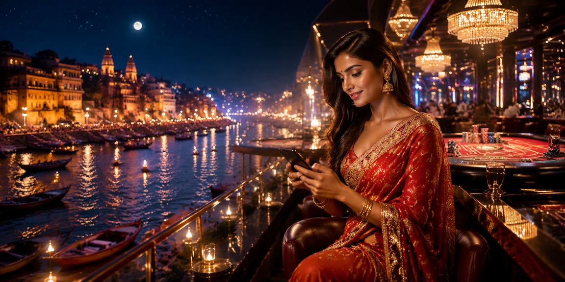 Vibrant lottery scene at Varanasi ghats with participants in festive sarees